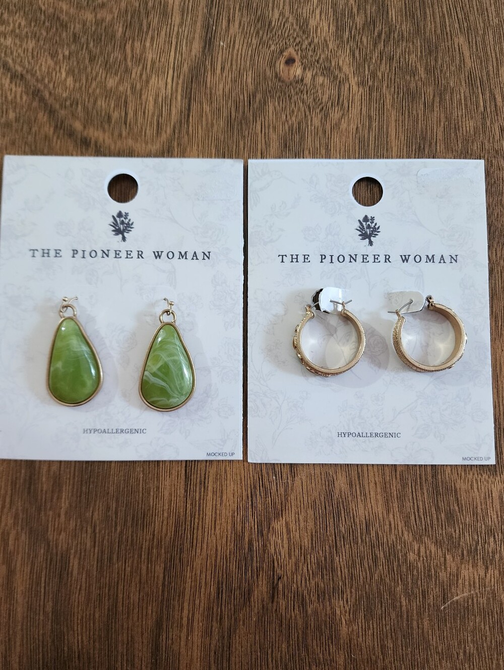 The Pioneer Women Bundle Of Two Earrings Green Faux Stone Teardrop Gold Hoops